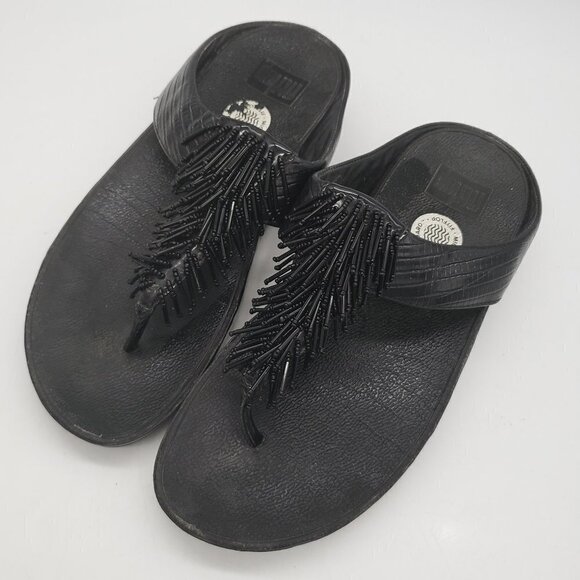 Fit Flop Black Sandal Slip On Shoes Cha Cha Fringe Women Size 7 Flip Flop Thong - Picture 1 of 8
